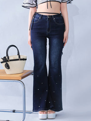 Back ribbon slim flare denim (eme10573)
