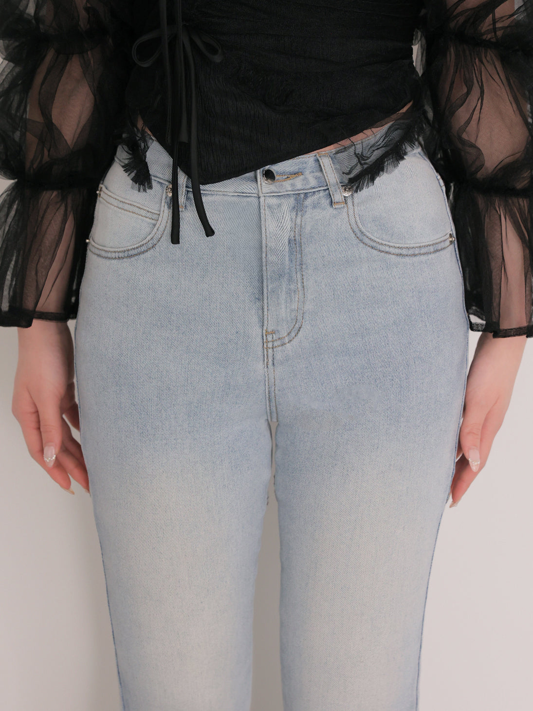 Back ribbon slim flare denim (eme10573)