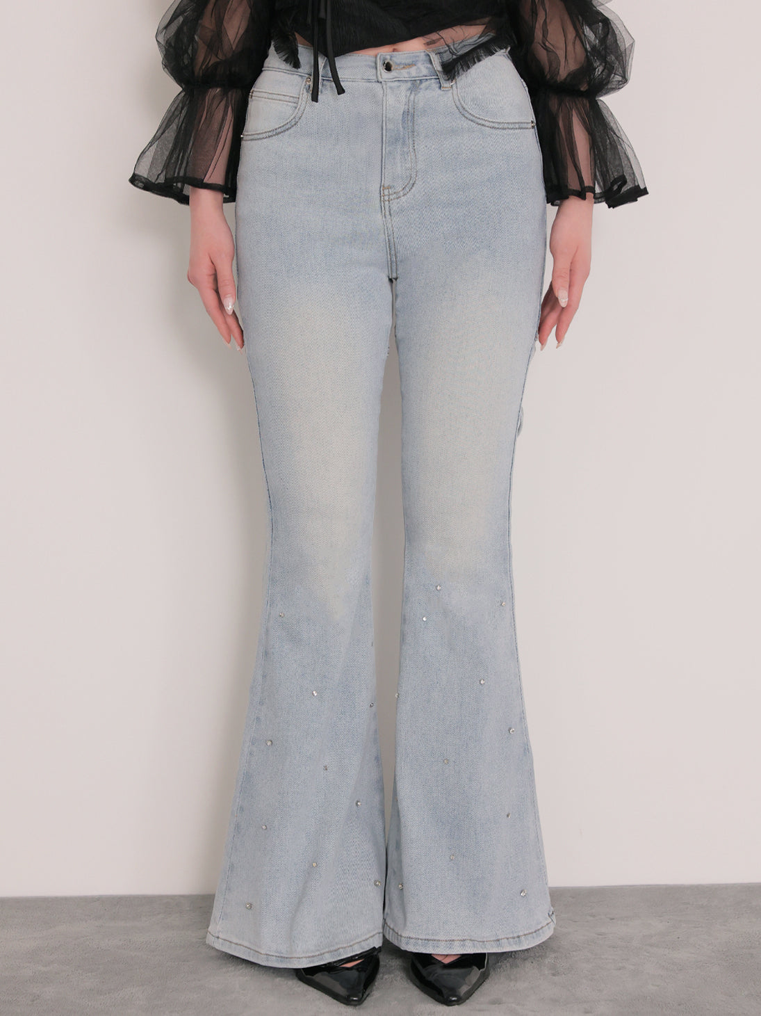 Back ribbon slim flare denim (eme10573)