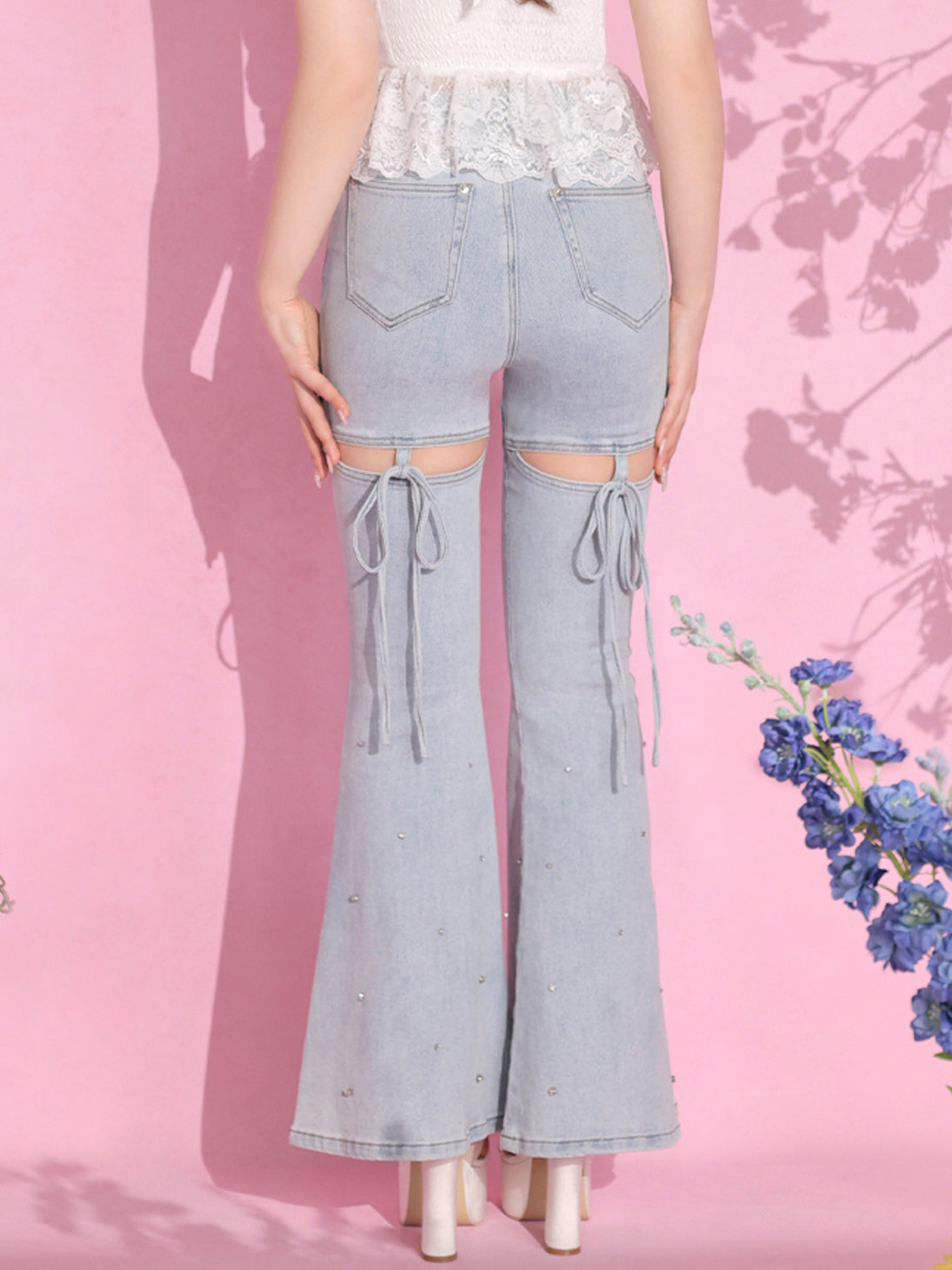 Back ribbon slim flare denim (eme10573)