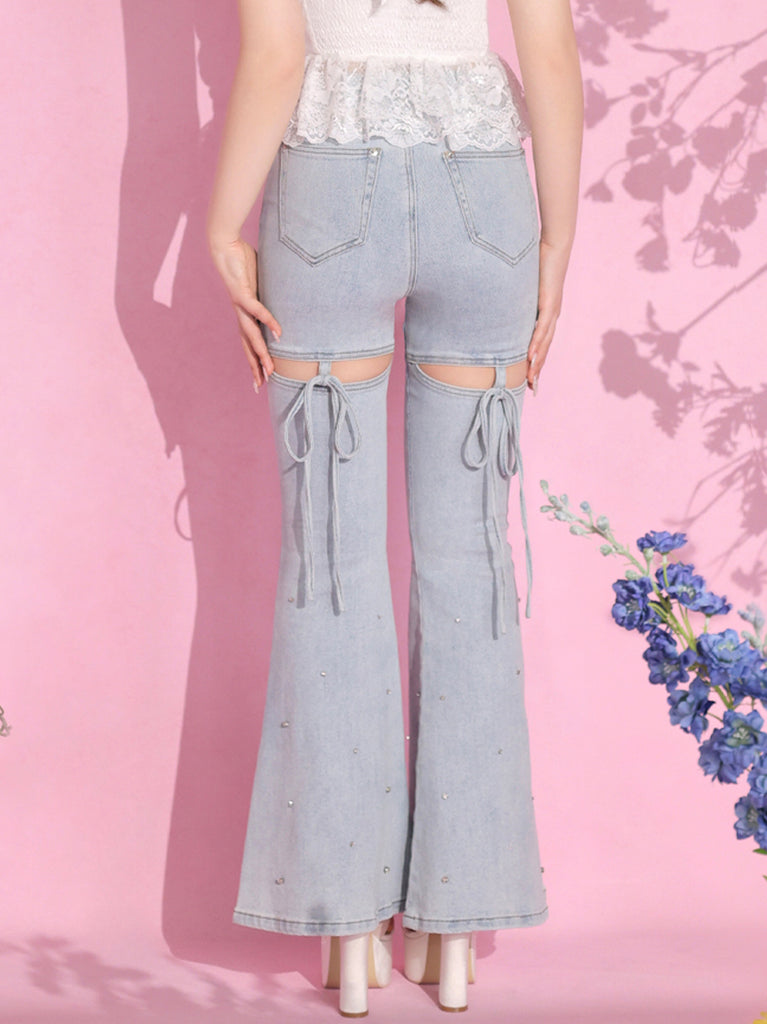 Back ribbon slim flare denim (eme10573)