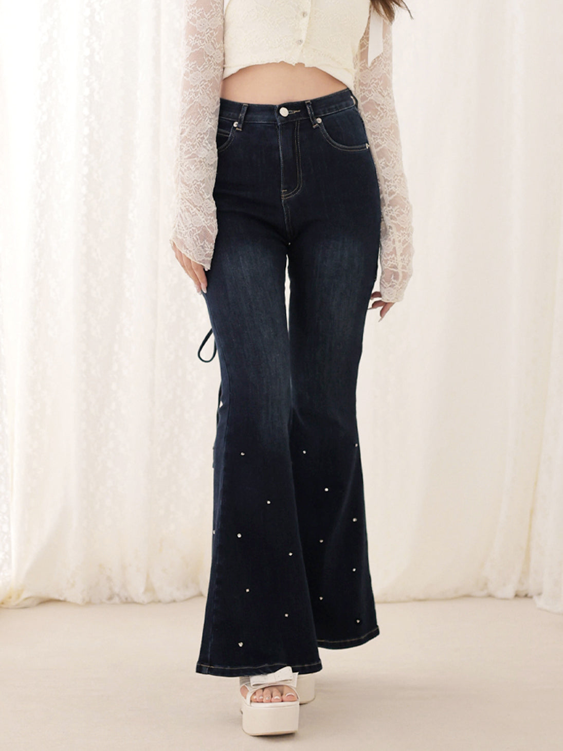 パンツ M me eme Ribbon bleach flaredenim PANTS – M me eme