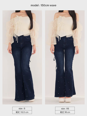 Back ribbon slim flare denim (eme10573)