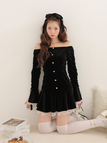 【Pre Order】Classical velvet mini onepiece(eme10610)