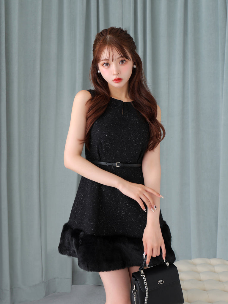 Lame tweed fur mini onepiece(eme10611)