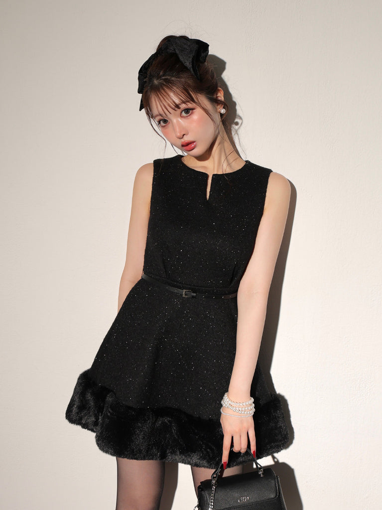 Lame tweed fur mini onepiece(eme10611)