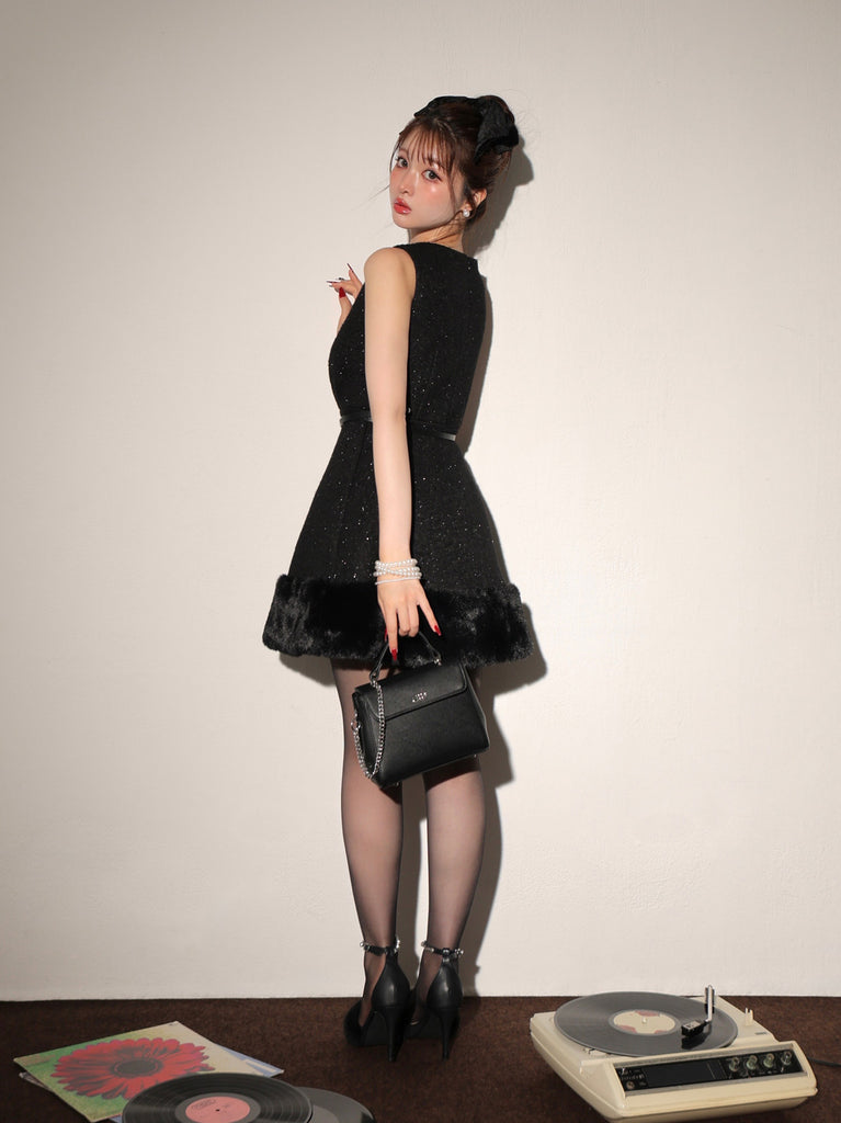 Lame tweed fur mini onepiece(eme10611)