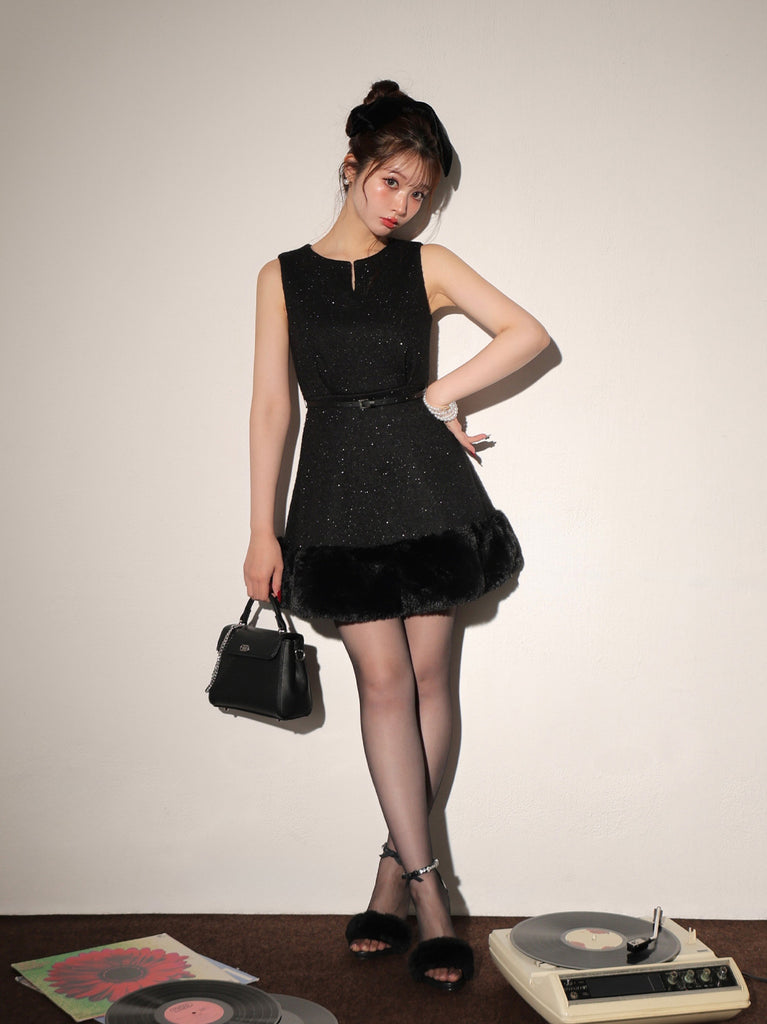 Lame tweed fur mini onepiece(eme10611)