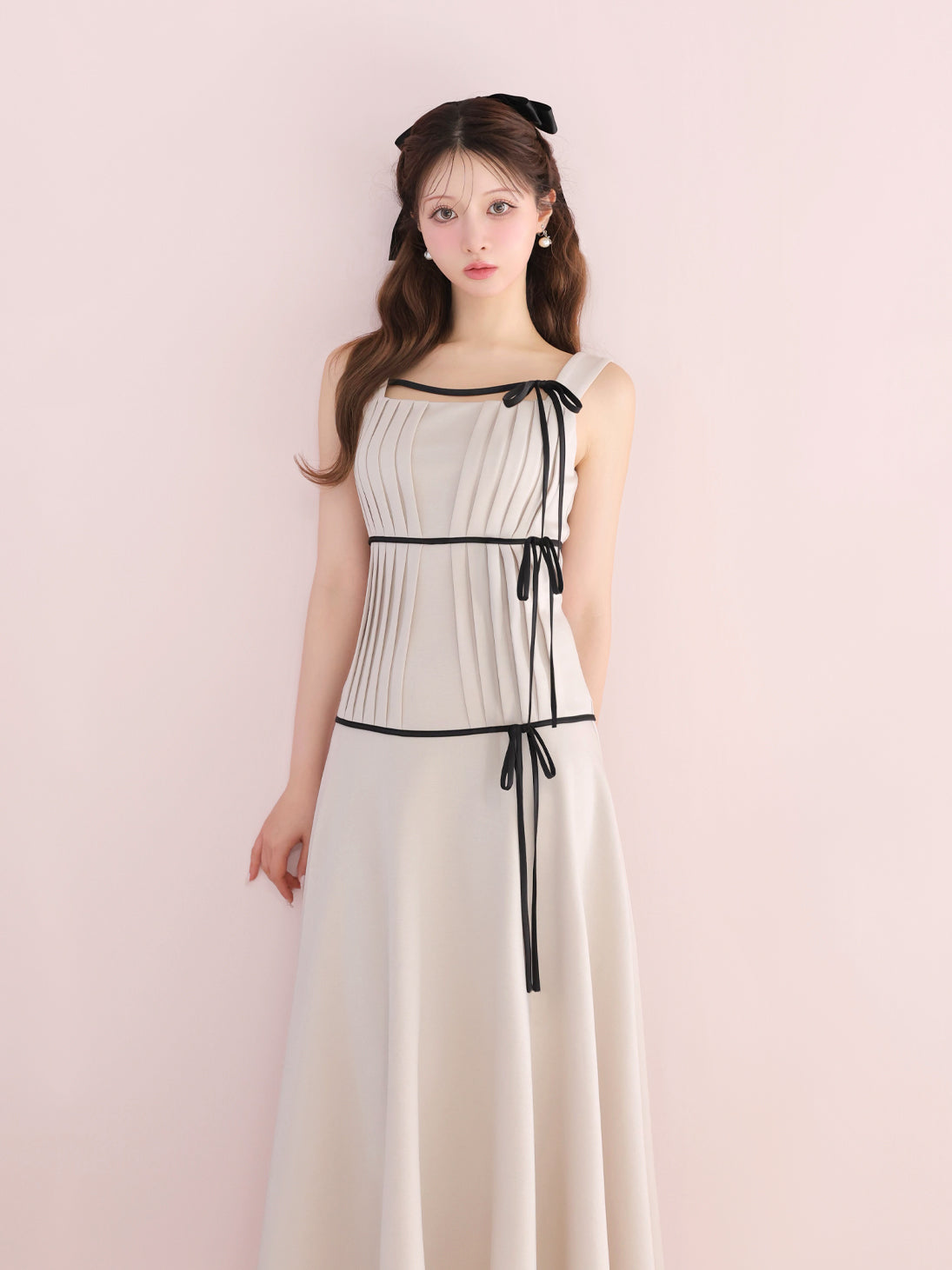 ワンピース M me eme Bicolor mesh long one piece Pre Order】Bicolor ribbon pleats silhouette long onepiece(eme10615