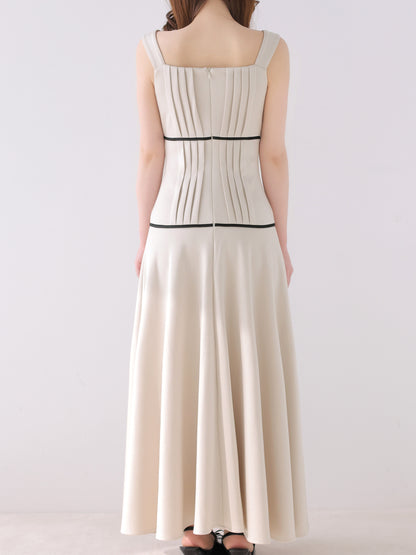 【Pre Order】Bicolor ribbon pleats silhouette long onepiece(eme10615)