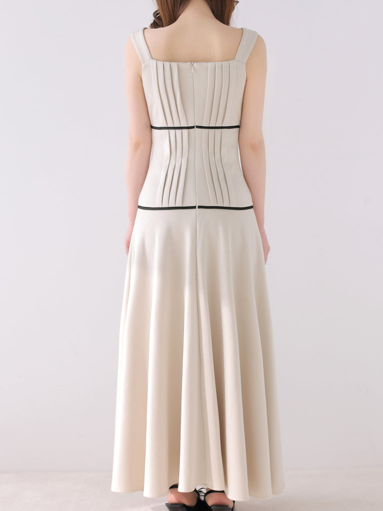 【Pre Order】Bicolor ribbon pleats silhouette long onepiece(eme10615)