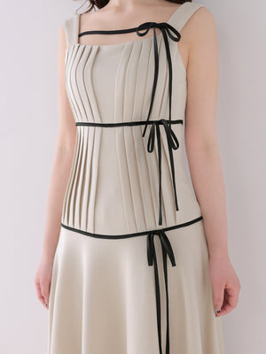 【Pre Order】Bicolor ribbon pleats silhouette long onepiece(eme10615)