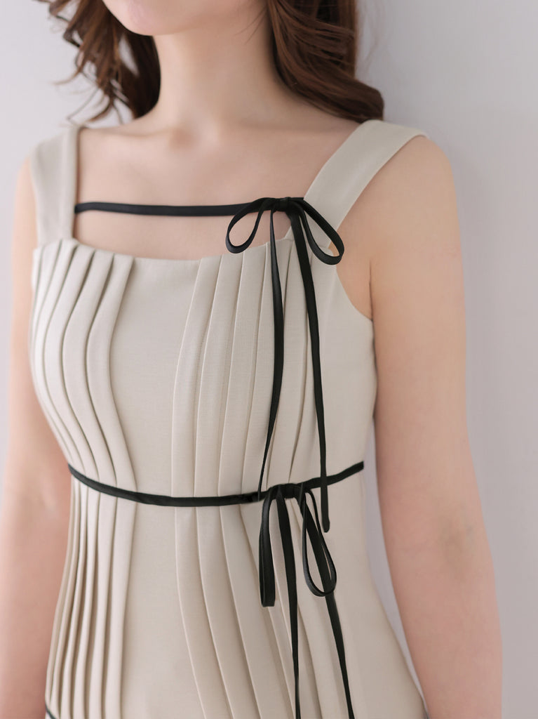 【Pre Order】Bicolor ribbon pleats silhouette long onepiece(eme10615)