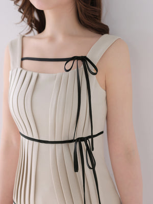 【Pre Order】Bicolor ribbon pleats silhouette long onepiece(eme10615)