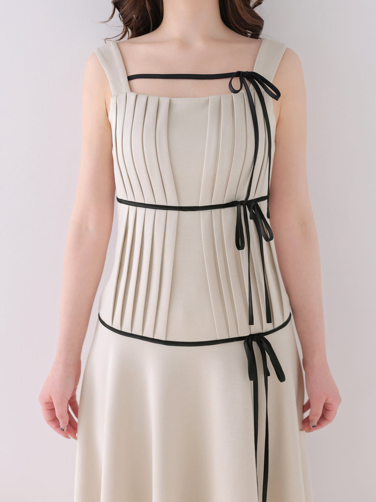 【Pre Order】Bicolor ribbon pleats silhouette long onepiece(eme10615)