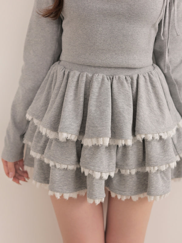 Lace line frill tiered mini skirt(eme10620)