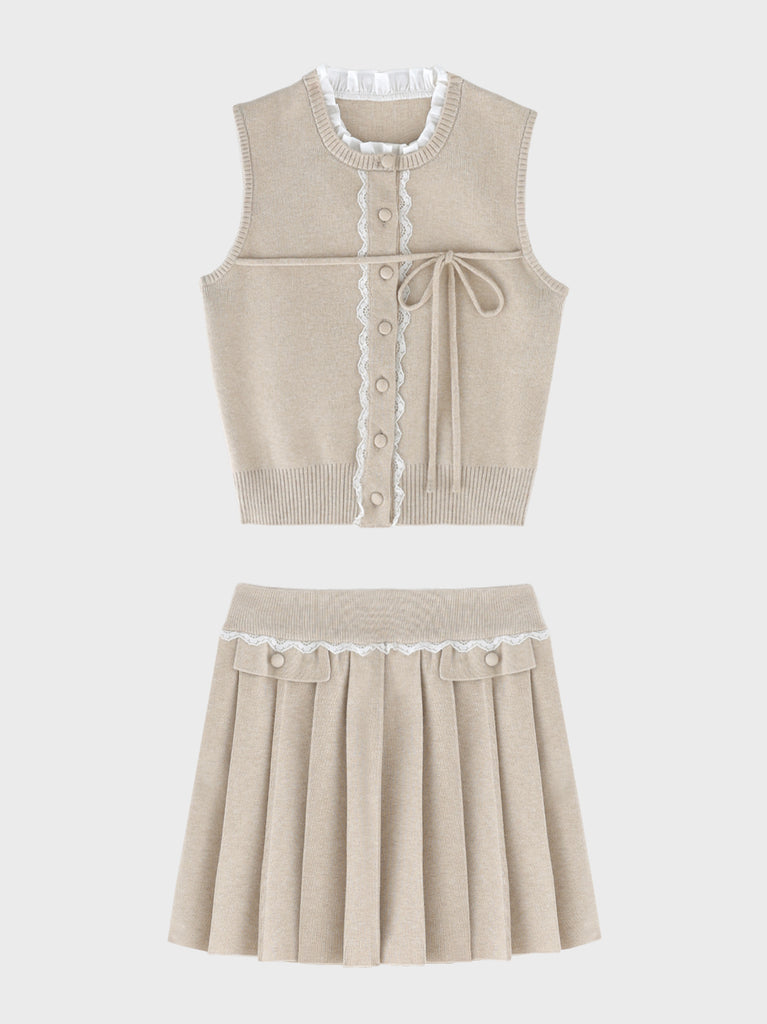 【Pre Order】Lace trim pleats knit setup(eme10625)