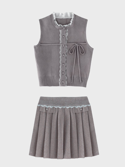 【Pre Order】Lace trim pleats knit setup(eme10625)