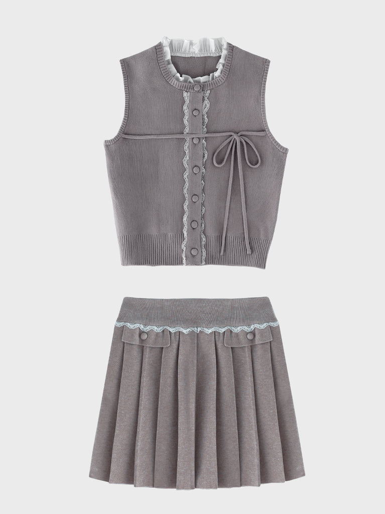 【Pre Order】Lace trim pleats knit setup(eme10625)