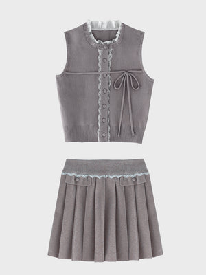 【Pre Order】Lace trim pleats knit setup(eme10625)