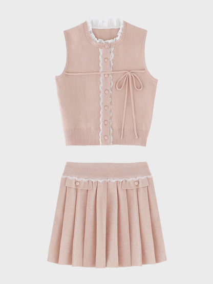 【Pre Order】Lace trim pleats knit setup(eme10625)