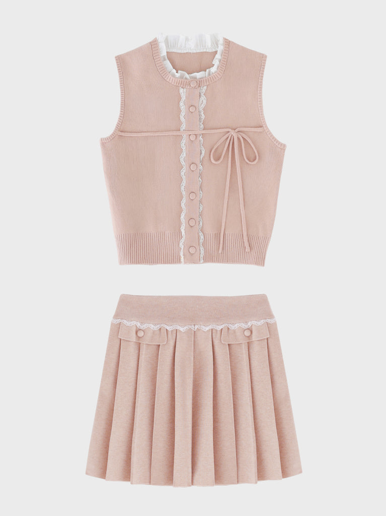 【Pre Order】Lace trim pleats knit setup(eme10625)