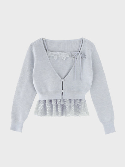 Lace frill peplum knit three piece tops(eme10634)