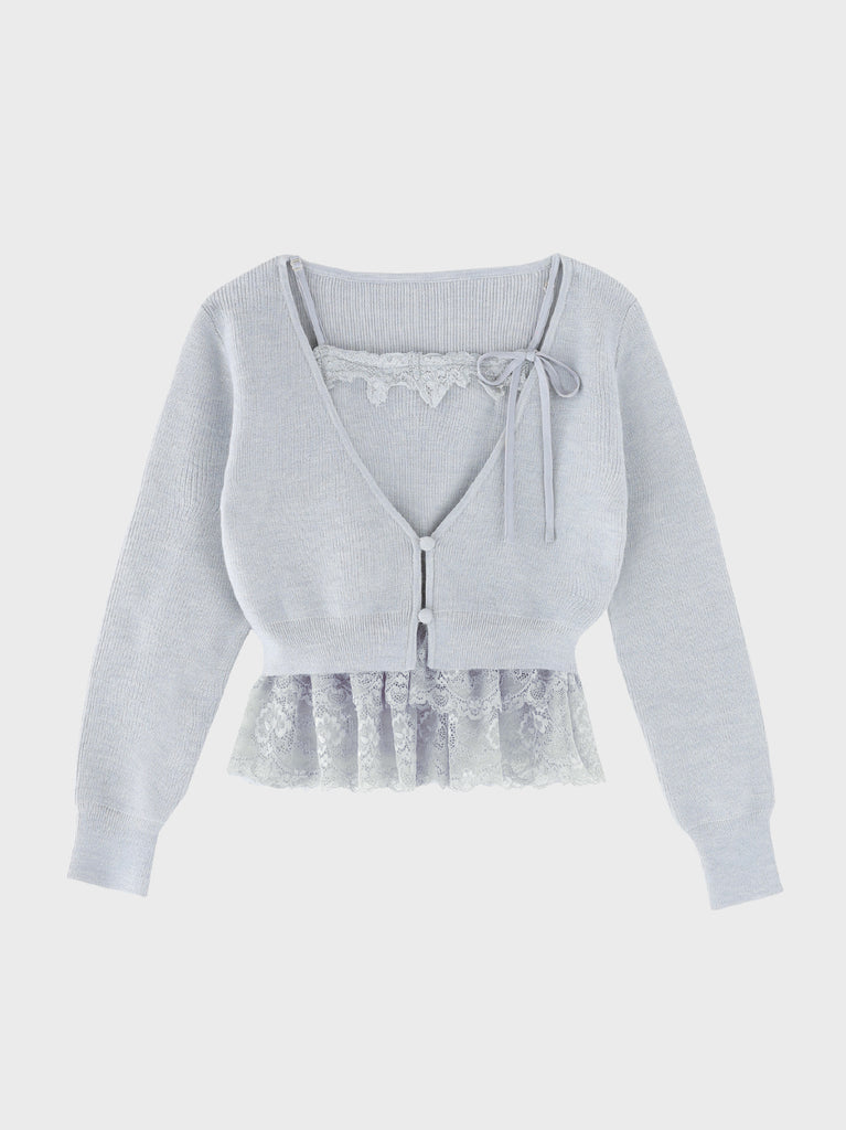 Lace frill peplum knit three piece tops(eme10634)