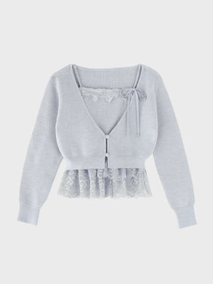 Lace frill peplum knit three piece tops(eme10634)