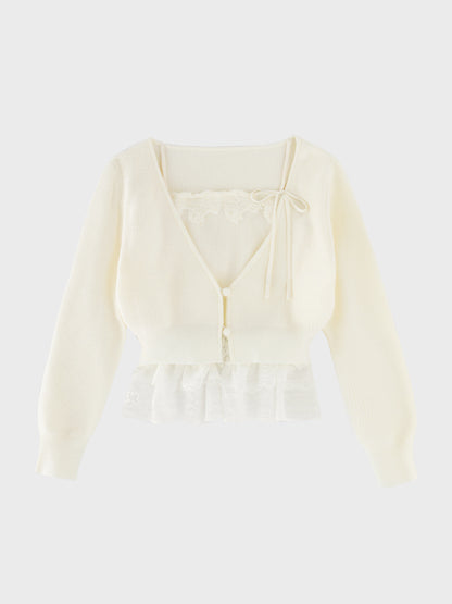 Lace frill peplum knit three piece tops(eme10634)