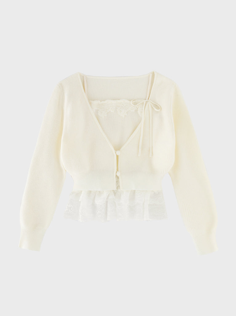 Lace frill peplum knit three piece tops(eme10634)