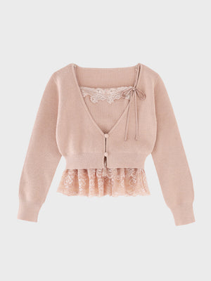 Lace frill peplum knit three piece tops(eme10634)