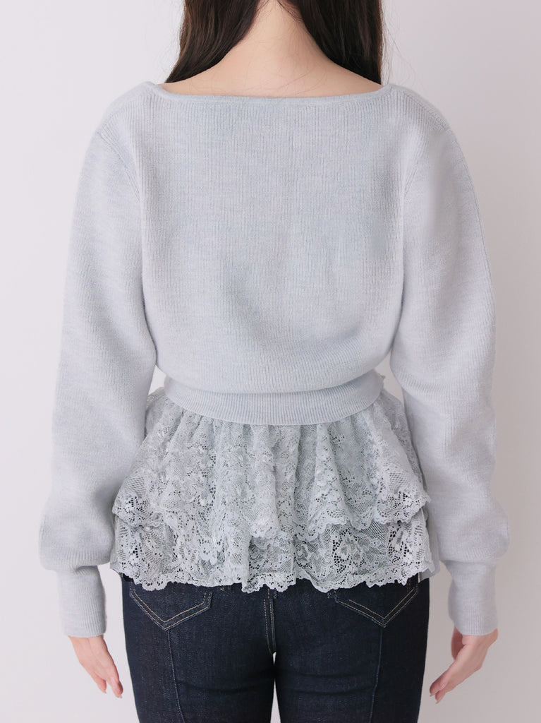 Lace frill peplum knit three piece tops(eme10634)