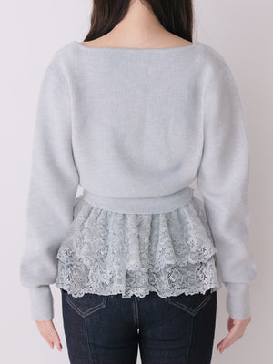 Lace frill peplum knit three piece tops(eme10634)