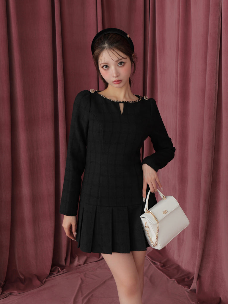 Tweed check pleated onepiece(eme10563)
