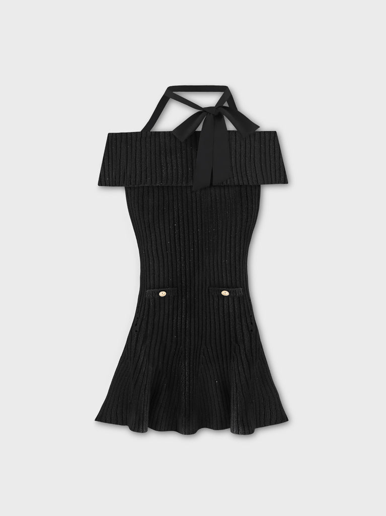 Off shoulder ribbon lame knit onepiece(eme10722)