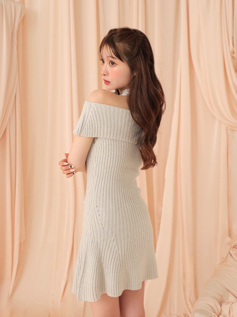 Off shoulder ribbon lame knit onepiece(eme10722)