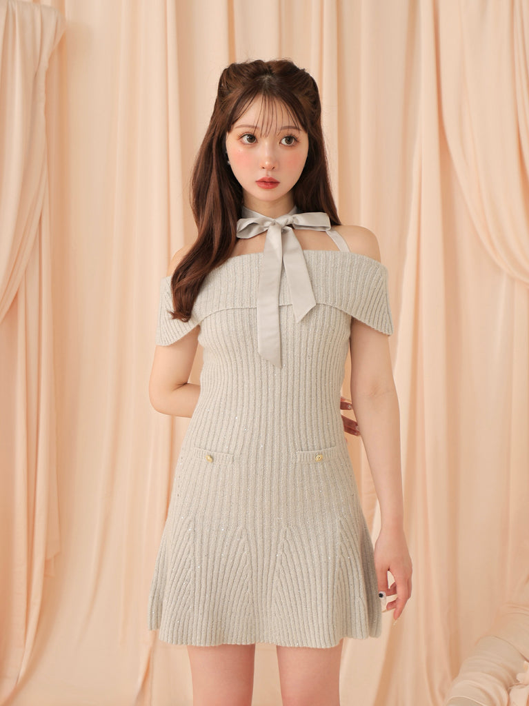 Off shoulder ribbon lame knit onepiece(eme10722)