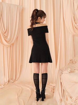 Off shoulder ribbon lame knit onepiece(eme10722)