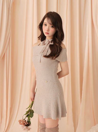 Off shoulder ribbon lame knit onepiece(eme10722)