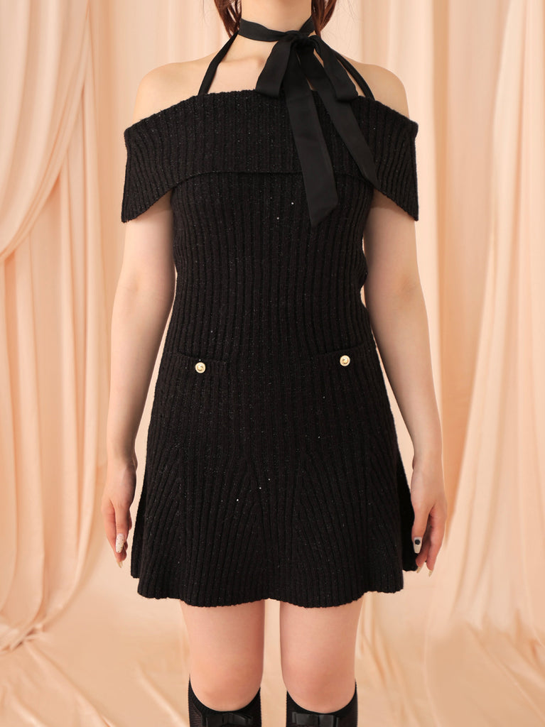 Off shoulder ribbon lame knit onepiece(eme10722)