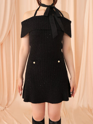 Off shoulder ribbon lame knit onepiece(eme10722)