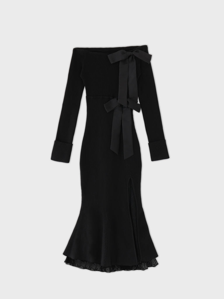 Double ribbon off shoulder knit long onepiece(eme10724)