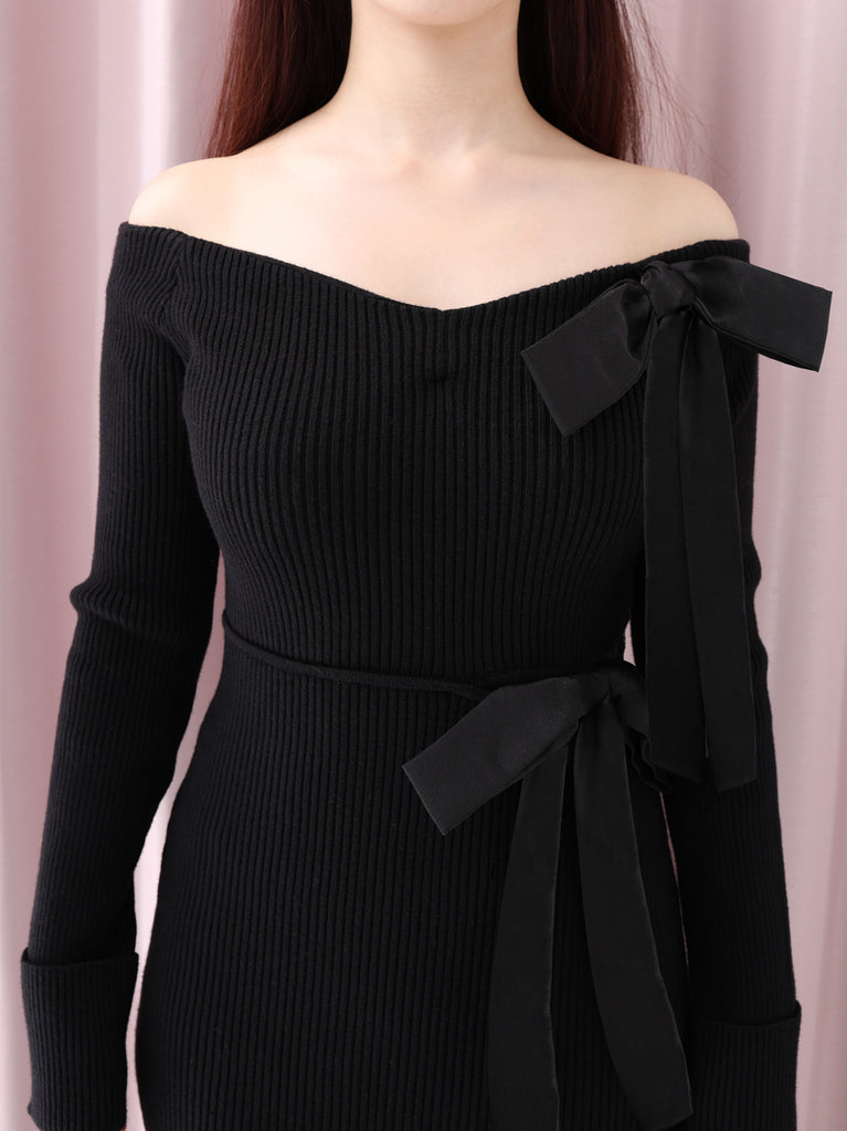 Double ribbon off shoulder knit long onepiece(eme10724)