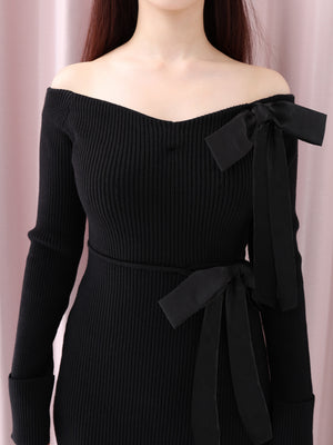 Double ribbon off shoulder knit long onepiece(eme10724)