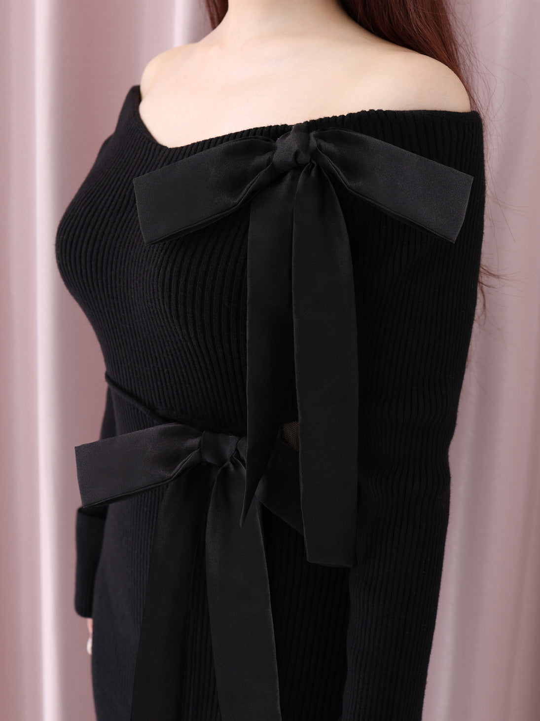 Double ribbon off shoulder knit long onepiece(eme10724) – M me eme