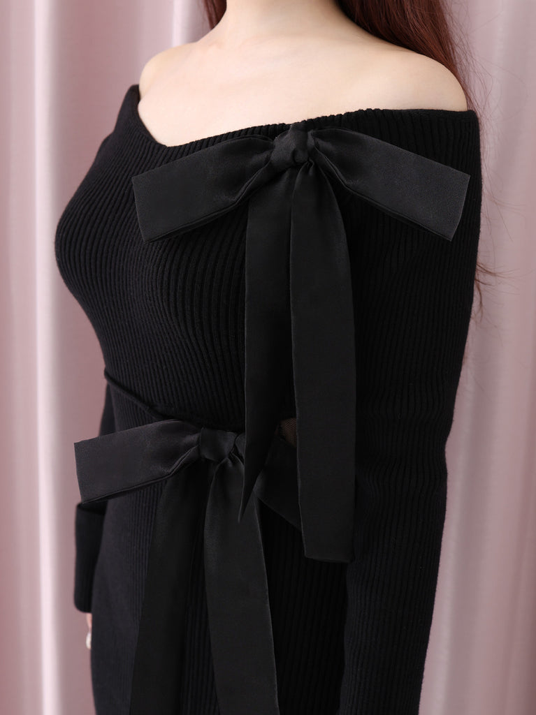 Double ribbon off shoulder knit long onepiece(eme10724)