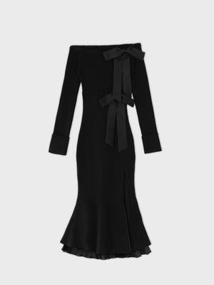 Double ribbon off shoulder knit long onepiece(eme10724)