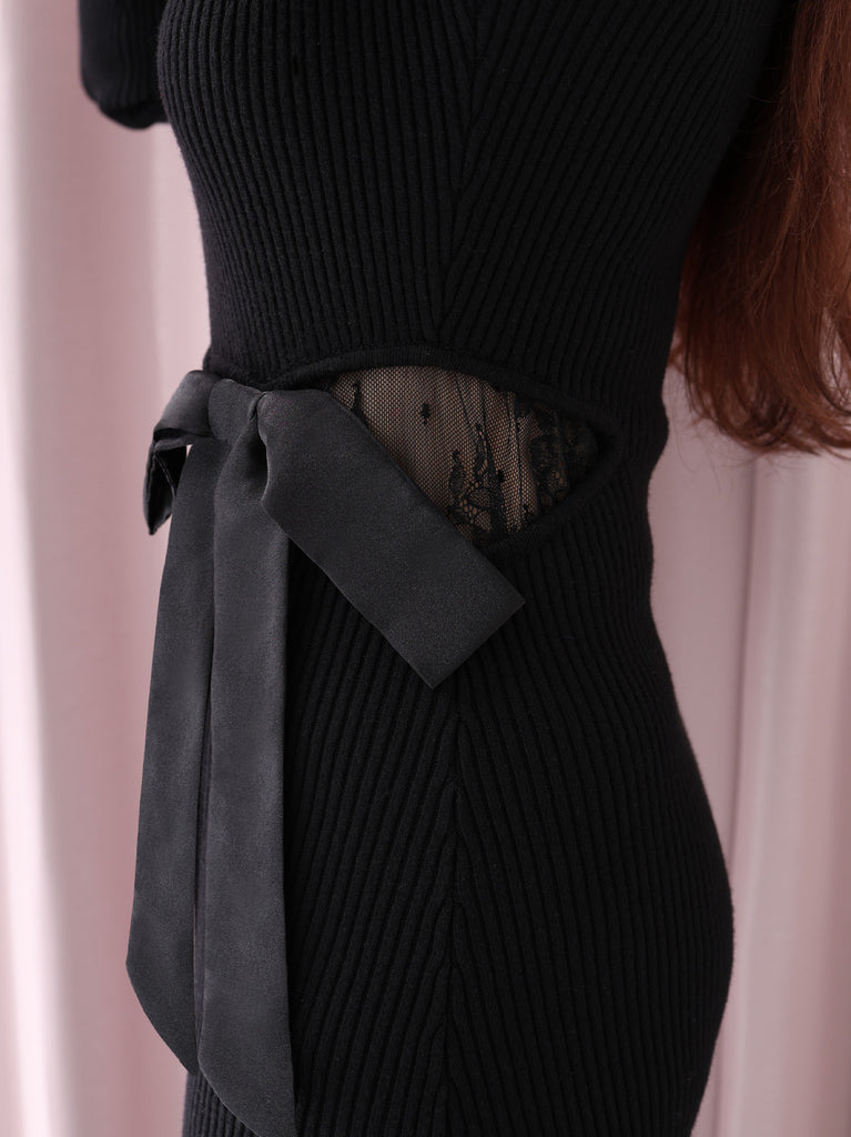 Double ribbon off shoulder knit long onepiece(eme10724)