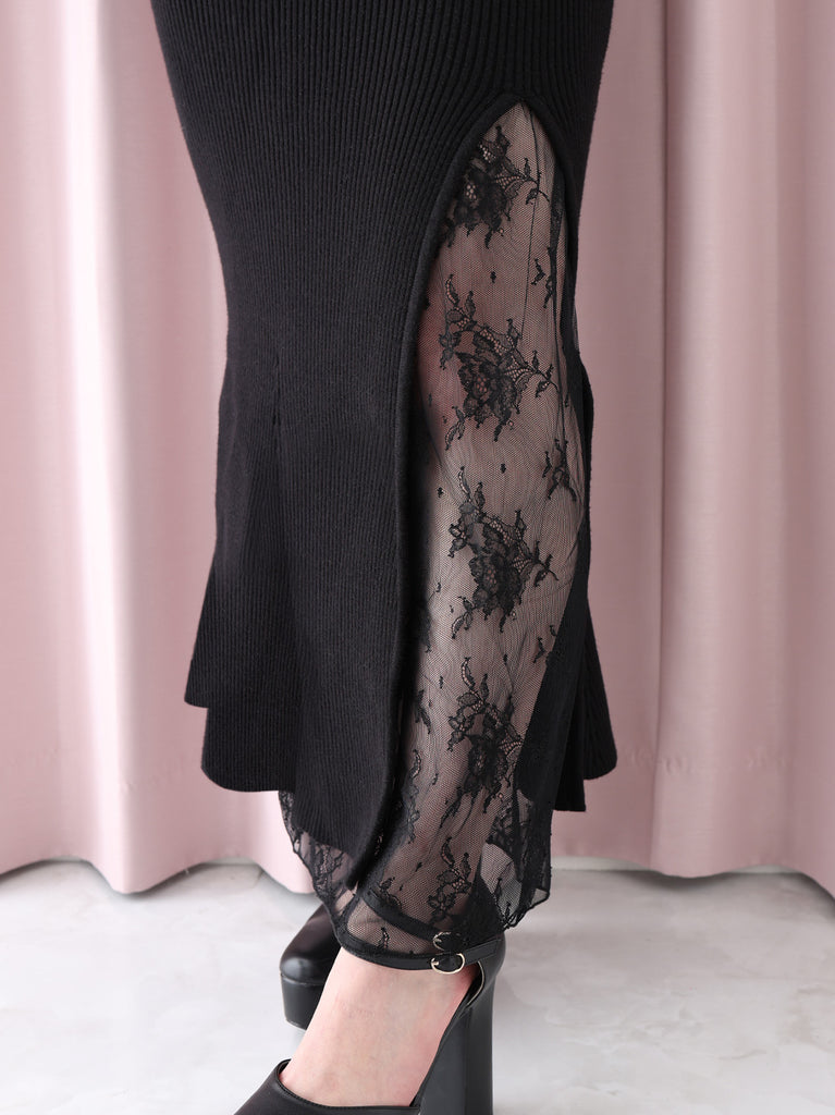 Double ribbon off shoulder knit long onepiece(eme10724)